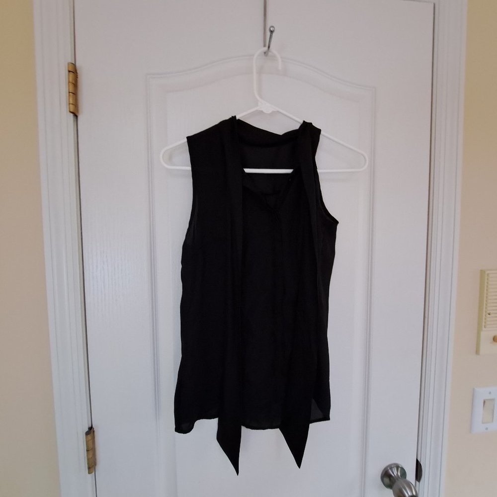 Sleeveless button front sheer black shirt, long tie neck, size small